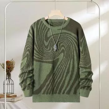 Мужской свитер осень-зима контрастного цвета с геометрическим узором в полоску, жаккардовый, круглый вырез, трикотажный, с длинными рукавами, толстый базовый слой, свитер для повседневной работы, школы XXL зелёный
