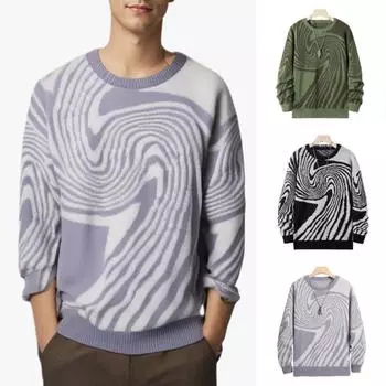 Мужской свитер осень-зима контрастного цвета с геометрическим узором в полоску, жаккардовый, круглый вырез, трикотажный, с длинными рукавами, толстый базовый слой, свитер для повседневной работы, школы S серый
