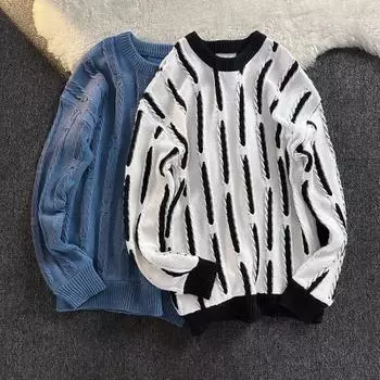 Мужской свитер осень-зима контрастного цвета с круглым вырезом, вязаный свободный пуловер, эластичный термосвитер для повседневной носки, школы, спорта и отдыха на природе 3XL синий