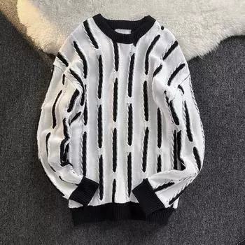 Мужской свитер осень-зима контрастного цвета с круглым вырезом, вязаный свободный пуловер, эластичный термосвитер 3XL белый