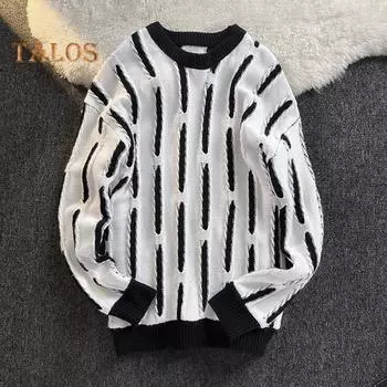 Мужской свитер осень-зима контрастного цвета с круглым вырезом, вязаный свободный пуловер, эластичный термосвитер для повседневной носки, школы, спорта и отдыха на природе 3XL белый