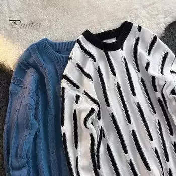 Мужской свитер осень-зима контрастного цвета с круглым вырезом, вязаный свободный пуловер, эластичный термосвитер для повседневной носки, школы, спорта и отдыха на природе 3XL белый