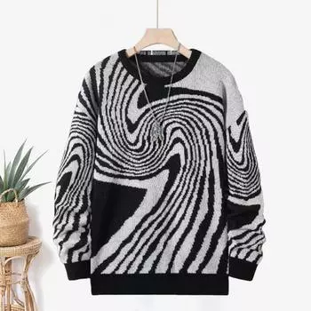 Мужской свитер осень-зима контрастного цвета с геометрическим узором в полоску, жаккардовый, круглый вырез, трикотажный, с длинными рукавами, толстый базовый слой, свитер для повседневной работы, школы XXL чёрный