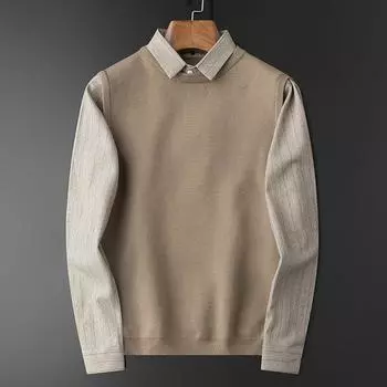 Мужской свитер осень зима лацкан Fake Two повседневный трикотаж пэчворк контраст цветов облегающий деловой M