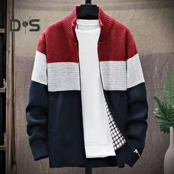 Мужской свитер осень-зима, пальто с воротником-стойкой, толстый плюш, подходящий по цвету, трикотажный эластичный, на молнии, с длинными рукавами, карманами, средней длины, повседневная куртка M серый