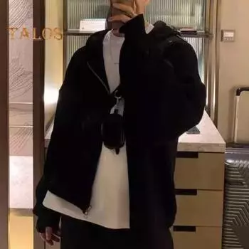 Мужской свитер осень-зима пальто с капюшоном застежка-молния свободная застежка длинные рукава шнурок средней длины однотонный цвет ретро вязаная куртка L абрикосовый