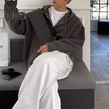 Мужской свитер осень-зима пальто с капюшоном застежка-молния свободная застежка длинные рукава шнурок средней длины однотонный цвет ретро вязаная куртка L абрикосовый