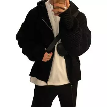 Мужской свитер осень-зима пальто с капюшоном застежка-молния свободная застежка длинные рукава шнурок средней длины однотонный цвет ретро вязаная куртка M серый