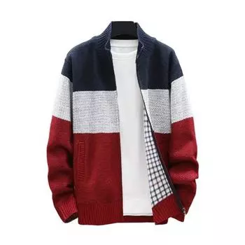 Мужской свитер осень-зима, пальто с воротником-стойкой, толстый плюш, подходящий по цвету, трикотажный эластичный, на молнии, с длинными рукавами, карманами, средней длины, повседневная куртка M темно-синий