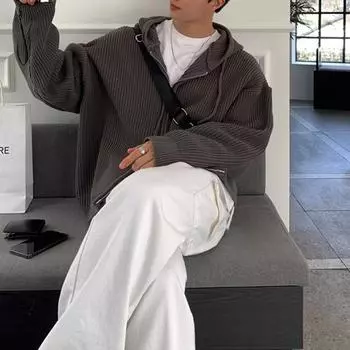 Мужской свитер осень-зима пальто с капюшоном на шнурке свободная застежка-молния длинные рукава шнурок средней длины однотонный ретро вязаный M абрикосовый