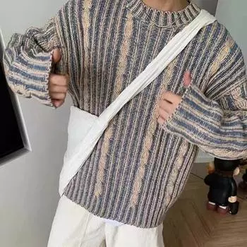 Мужской свитер осень-зима, разноцветный, вязаный, скрученный, свободный, толстый, с длинными рукавами, с круглым вырезом, свитер в уличном стиле, сохраняющий тепло M синий