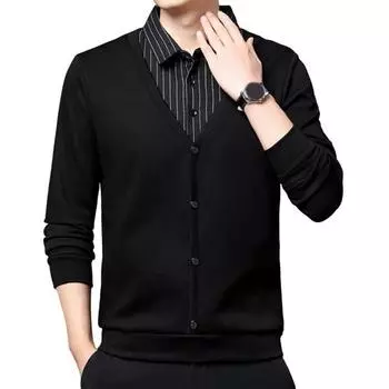 Мужской свитер осень-зима с лацканами, без рукавов, однобортный, однотонный, поддельный, из двух частей, эластичные пуговицы, повседневный, полосатый, большого размера, средней длины, мужской повседневный L чёрный