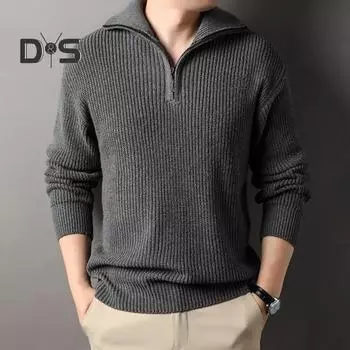 Мужской свитер осень-зима с отворотом, свободный, с полумолнией, с длинными рукавами, средней длины, однотонный, в стиле ретро, вязаный свитер M чёрный