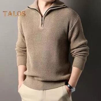 Мужской свитер осень-зима с отворотом, свободный, с полумолнией, с длинными рукавами, средней длины, однотонный, в стиле ретро, вязаный свитер M темно-серого