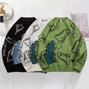 Мужской свитер осень-зима с рисунком динозавра, свободный свитер с круглым вырезом и длинными рукавами, в стиле хип-хоп, средней длины, для повседневной носки, работы, школы, улицы 2XL белый