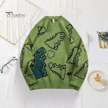 Мужской свитер осень-зима с рисунком динозавра, свободный свитер с круглым вырезом и длинными рукавами в стиле хип-хоп, свитер средней длины для повседневной носки, работы, школы 2XL белый