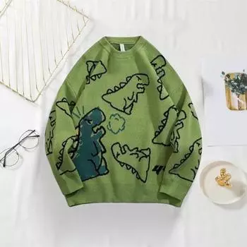 Мужской свитер осень-зима с рисунком динозавра, свободный свитер с круглым вырезом и длинными рукавами, в стиле хип-хоп, средней длины, для повседневной носки, работы, школы, улицы 2XL белый