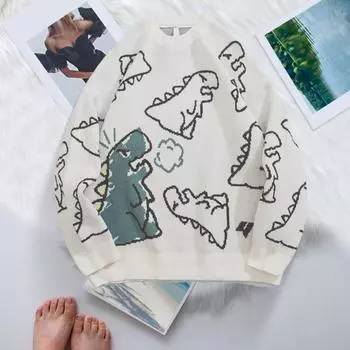 Мужской свитер осень-зима с рисунком динозавра, свободный свитер с круглым вырезом и длинными рукавами в стиле хип-хоп, свитер средней длины для повседневной носки, работы, школы L зелёный
