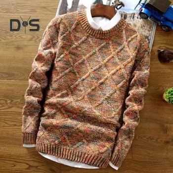 Мужской свитер осень-зима с ромбовидной текстурой, вязанный толстый, с длинными рукавами, облегающий, с круглым вырезом, термоизоляция, повседневная одежда, трикотаж M