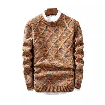 Мужской свитер осень-зима с ромбовидной текстурой, вязанный толстый, с длинными рукавами, облегающий, с круглым вырезом, термоизоляция, повседневная одежда, трикотаж L