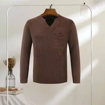Мужской свитер осень-зима с рваными дырками, длинными рукавами, V-образным вырезом, эластичный однотонный пуловер, сохраняющий тепло, трикотаж, уличный рабочий свитер M кофейный