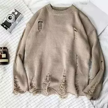 Мужской свитер осень-зима с рваными дырками, однотонный, круглый вырез, вязаный ретро XL абрикосовый