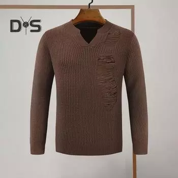 Мужской свитер осень-зима с рваными дырками, длинными рукавами, V-образным вырезом, эластичный однотонный пуловер, сохраняющий тепло, трикотаж, уличный рабочий свитер M кофейный