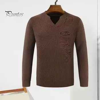 Мужской свитер осень-зима с рваными дырками, длинными рукавами, V-образным вырезом, эластичный однотонный пуловер, сохраняющий тепло, трикотаж, уличный рабочий свитер M кофейный