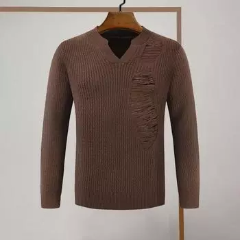 Мужской свитер осень-зима с рваными дырками, длинными рукавами, V-образным вырезом, эластичный однотонный пуловер, сохраняющий тепло, трикотаж, уличный рабочий свитер M кофейный