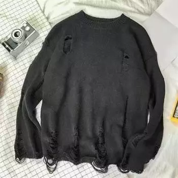 Мужской свитер осень-зима с рваными отверстиями, однотонный, круглый вырез, вязаный ретро-японский стиль, средней длины, свободный, с длинным рукавом, мягкий, теплый, мужской свитер M светло-серый