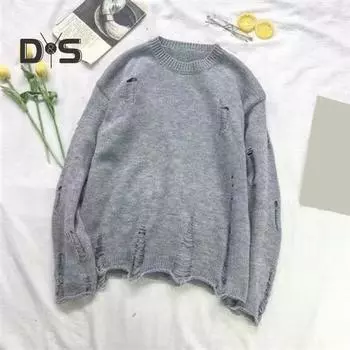 Мужской свитер осень-зима с рваными отверстиями, однотонный, круглый вырез, вязаный ретро-японский стиль, средней длины, свободный, с длинным рукавом, мягкий, теплый, мужской свитер M темно-коричневого