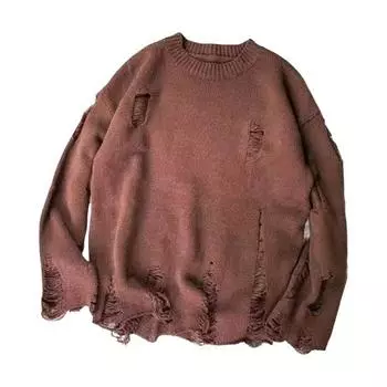 Мужской свитер осень-зима с рваными отверстиями, однотонный, круглый вырез, вязаный в стиле ретро в японском стиле M светло-серый