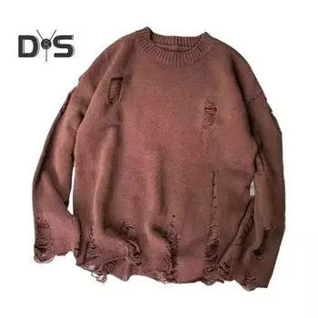 Мужской свитер осень-зима с рваными отверстиями, однотонный, круглый вырез, вязаный ретро-японский стиль, средней длины, свободный, с длинным рукавом, мягкий, теплый, мужской свитер M темно-коричневого