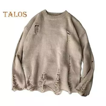 Мужской свитер осень-зима с рваными отверстиями, однотонный, круглый вырез, вязаный ретро-японский стиль, средней длины, свободный, с длинным рукавом, мягкий, теплый, мужской свитер M светло-серый