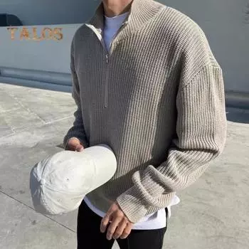Мужской свитер осень-зима с застежкой-молнией и воротником-стойкой, эластичный трикотажный однотонный свитер свободного покроя с длинными рукавами, повседневный свитер для работы, школы и отдыха L серый