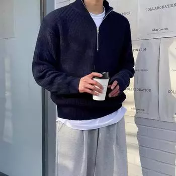 Мужской свитер осень-зима с застежкой-молнией и воротником-стойкой, эластичный трикотажный однотонный свитер свободного покроя с длинными рукавами, повседневный, для работы, школы, отдыха L синий