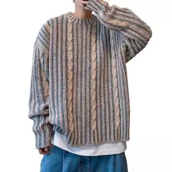 Мужской свитер осень-зима смешанного цвета вязание скрученная текстура свободный толстый длинный M синий