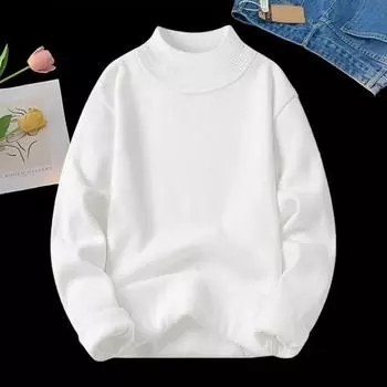 Мужской свитер осень-зима толстый плюшевый с подкладкой полувысокий воротник трикотажный однотонный M белый