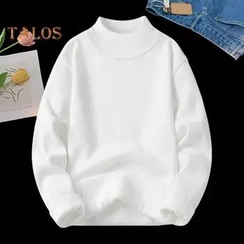Мужской свитер осень-зима, толстый плюшевый с подкладкой и полувысоким воротником, однотонный, эластичный, свободный, сохраняющий тепло, для работы, школы, свитер M белый
