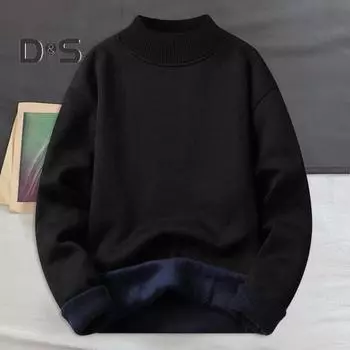 Мужской свитер осень-зима, толстый плюшевый с подкладкой и полувысоким воротником, однотонный, эластичный, свободный, сохраняющий тепло, для работы, школы, свитер M чёрный