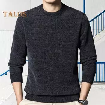 Мужской свитер осень-зима, толстый плюшевый с подкладкой, круглый вырез, трикотажный однотонный эластичный пуловер, свободный, сохраняющий тепло, для работы, бизнеса, школы, свитер M темно-синий