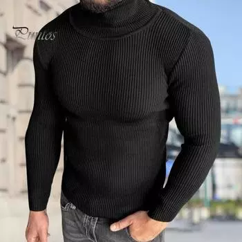 Мужской свитер осень-зима, трикотажный облегающий свитер с высоким воротником, эластичный топ, однотонный повседневный спортивный свитер M белый