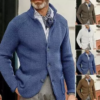 Мужской свитер-пальто с двумя карманами, однобортный, трикотажный, эластичный, с длинными рукавами, отложной воротник M белый