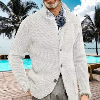 Мужской свитер, пальто с двумя карманами, однобортный трикотажный эластичный с длинными рукавами и отложным воротником, верхняя одежда, однотонный повседневный свитер средней длины M синий