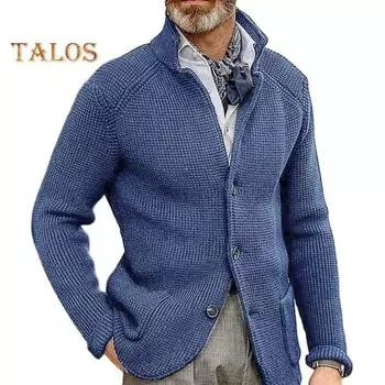 Мужской свитер, пальто с двумя карманами, однобортный, трикотажный, эластичный, с длинными рукавами, отложным воротником, верхняя одежда, однотонная, повседневная одежда, для школы, средней длины M коричневый