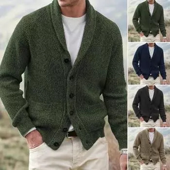 Мужской свитер Пальто с карманами Отложной воротник Длинные рукава Однобортный пуговицы Длинные рукава Однотонный 2XL синий