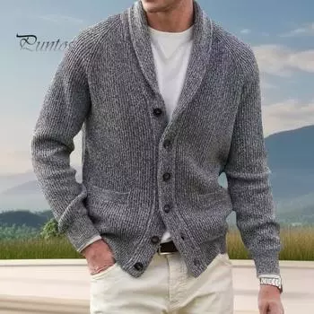 Мужской свитер, пальто с карманами, отложным воротником, длинными рукавами, однобортный, на пуговицах, с длинными рукавами, однотонный, плотный трикотажный жакет 2XL серый