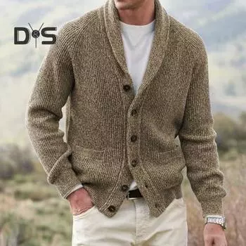 Мужской свитер, пальто с карманами, отложным воротником, длинными рукавами, однобортный, на пуговицах, с длинными рукавами, однотонный, плотный трикотажный жакет L верблюд