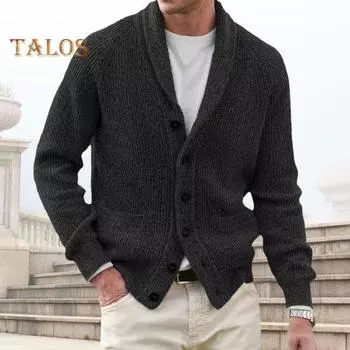 Мужской свитер, пальто с карманами, отложным воротником, длинными рукавами, однобортный, на пуговицах, с длинными рукавами, однотонный, плотный трикотажный жакет XL синий