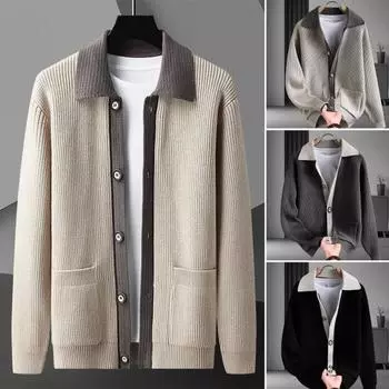Мужской свитер, пальто, толстый, цветной, застежка на пуговицы, отложной воротник, трикотажный, свободный, сохраняющий тепло, куртка, осень-зима, кардиган, верхняя одежда M чёрный